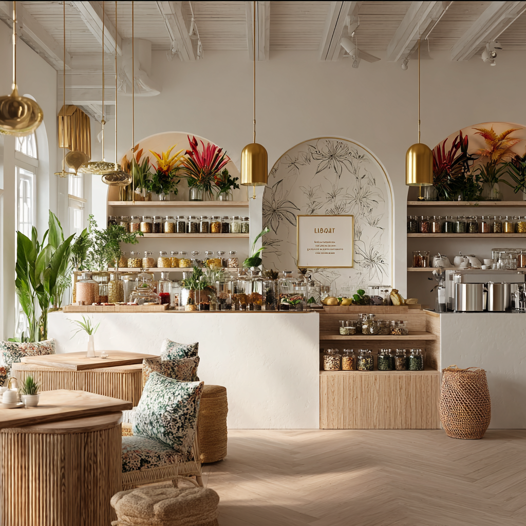 The Sacred Space Café counter — gold pendant lights, arched shelves of herbal jars, and tropical flowers